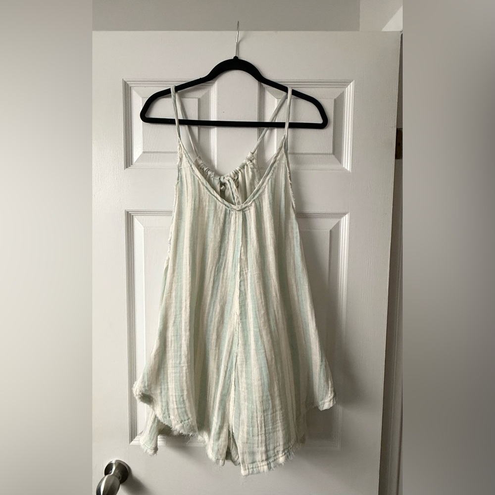 Urban Outfitters Cream and Light Blue Striped Romper Dress